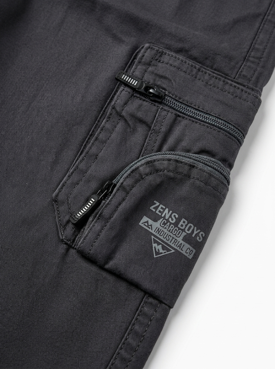 Close-up of a DF ZENS Boys Cargo Industrial Co. pocket with double zipper and printed branding