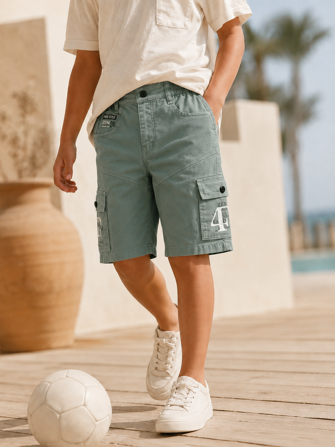 Boy in DF ZENS sage cargo shorts with a football